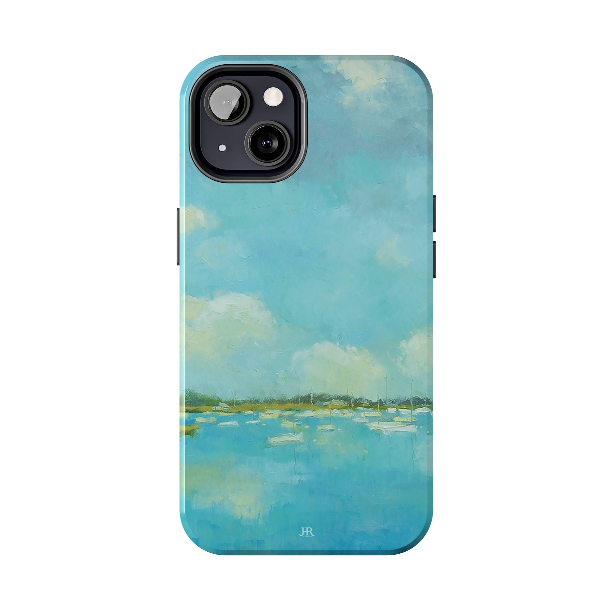 Phone case with painting by Jennifer Hansen Rolli of coastal blue water and sky with boats