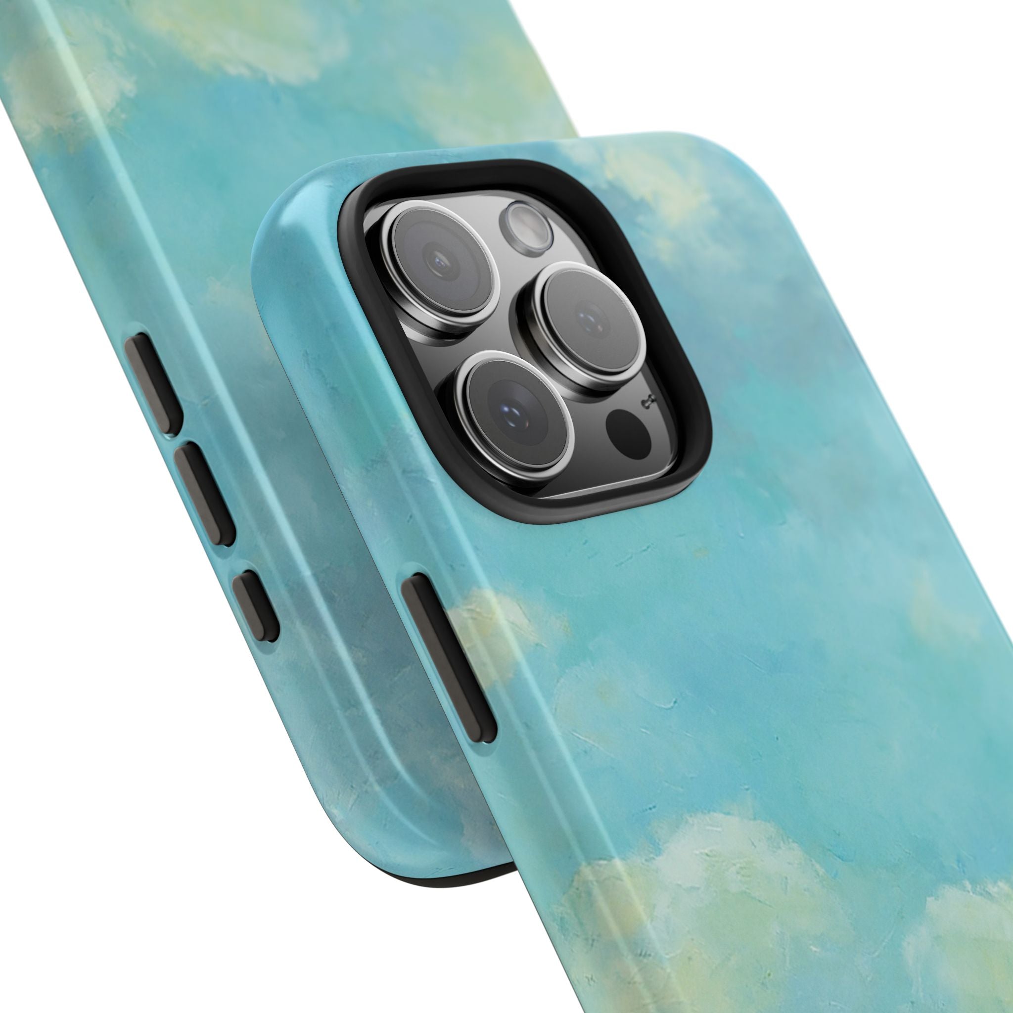 close-up of Phone case with painting by Jennifer Hansen Rolli of coastal blue water and sky with boats
