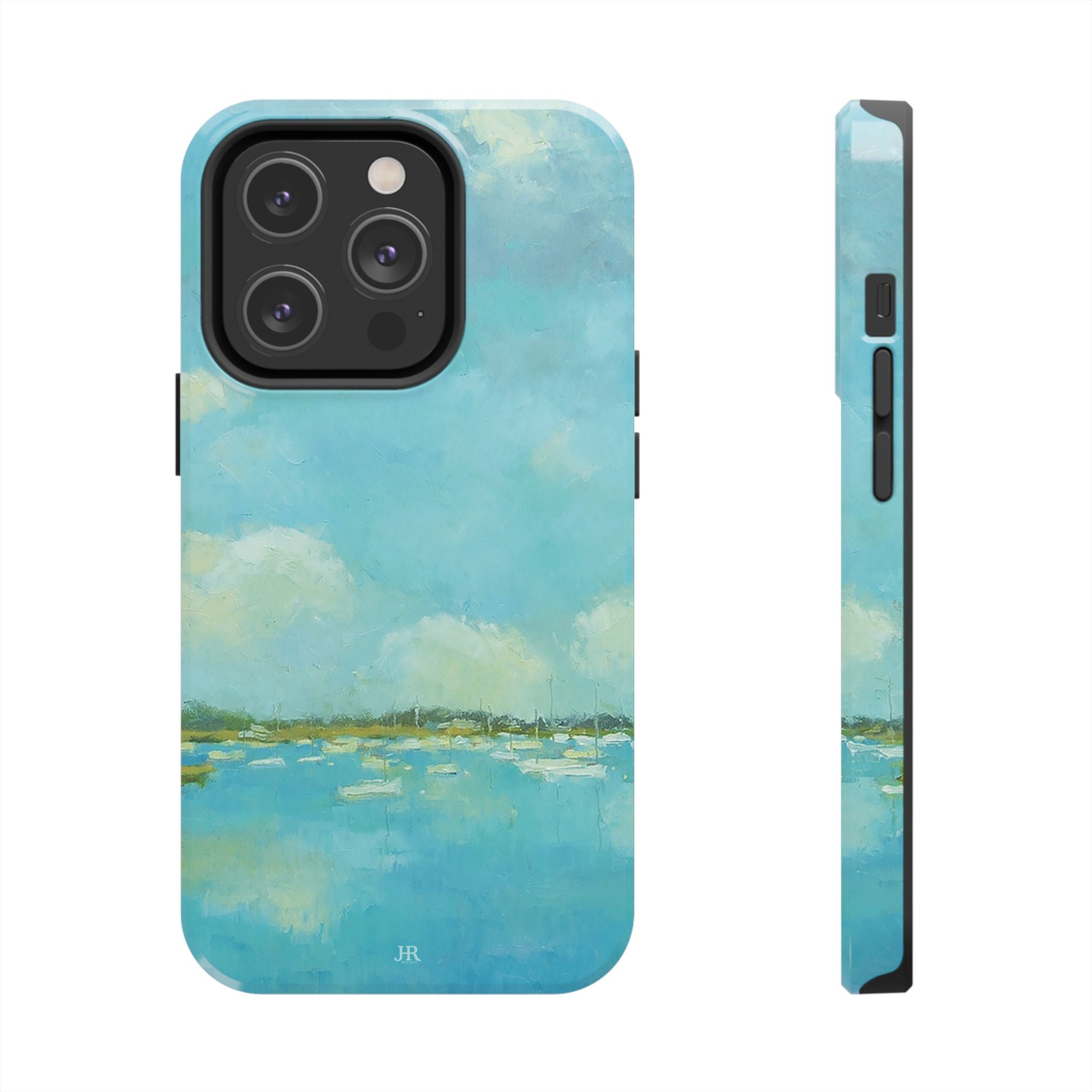 Phone case with painting by Jennifer Hansen Rolli of coastal blue water and sky with boats