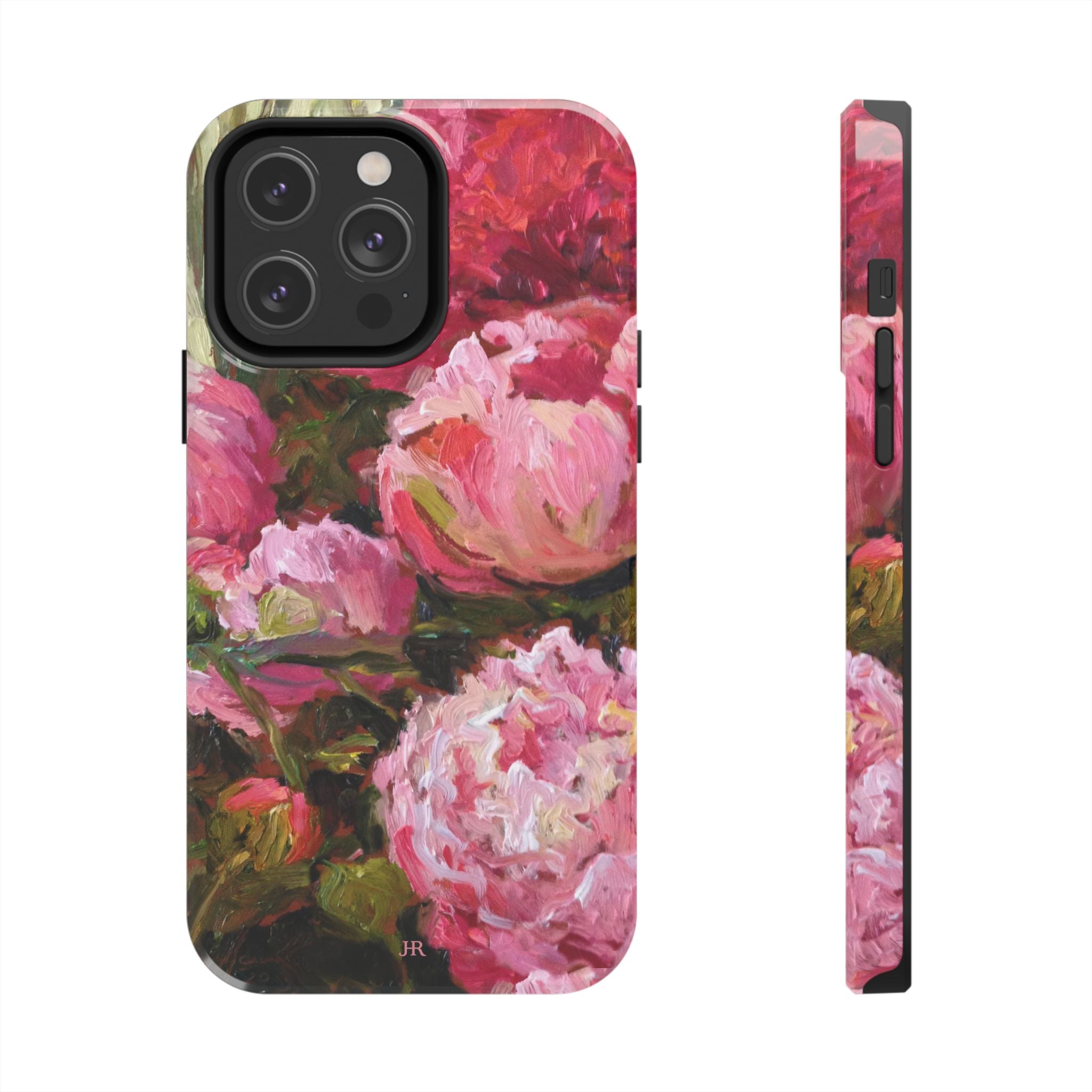 Phone case with pink and red peony floral painting  by Jennifer Hansen Rolli 