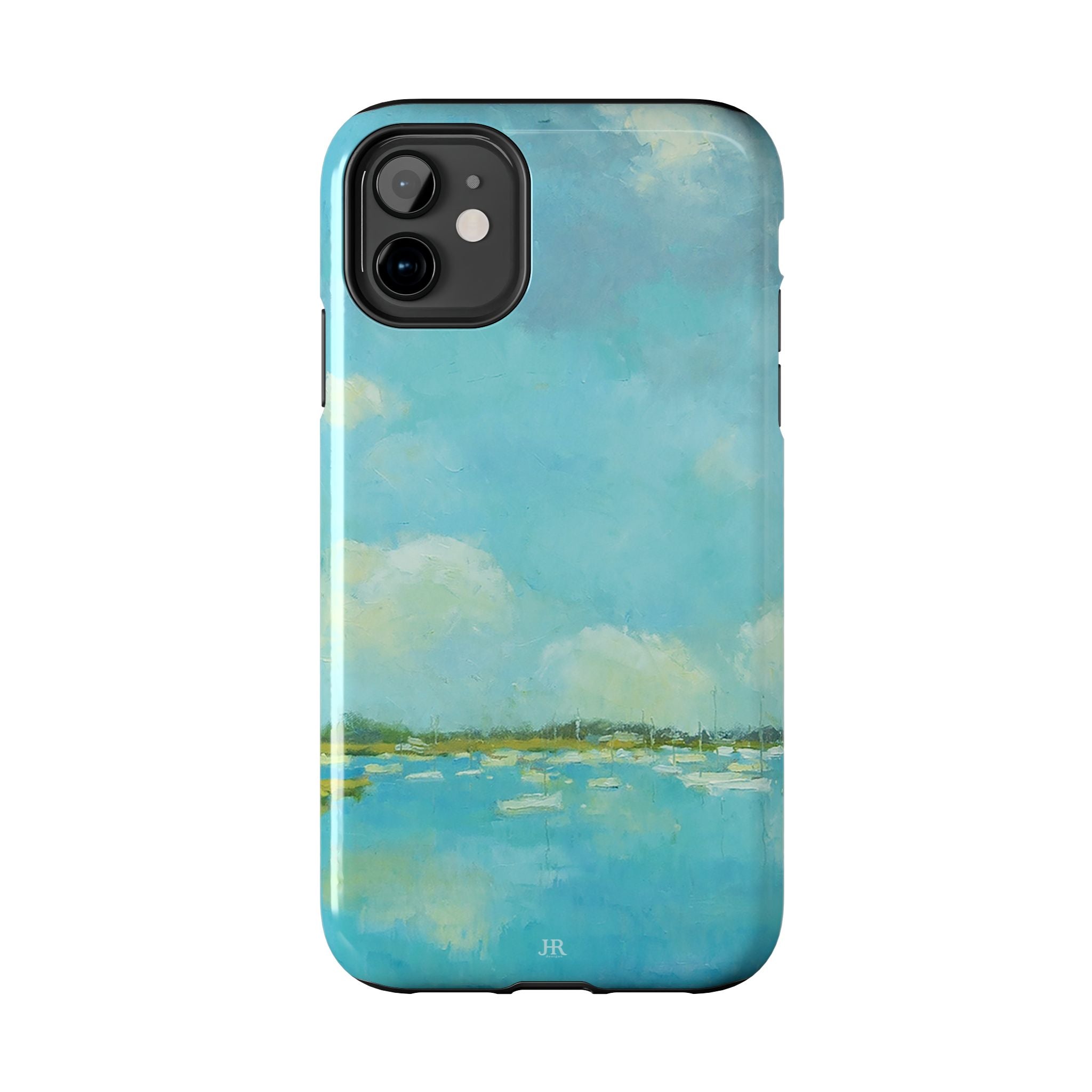 Phone case with painting by Jennifer Hansen Rolli of coastal blue water and sky with boats