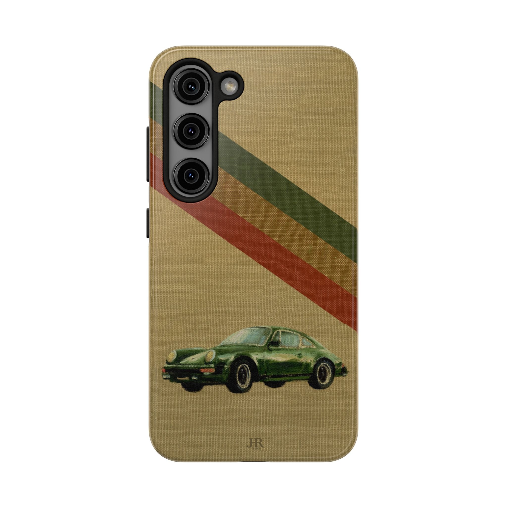 Phone case with a Porsche green car illustration on a beige linen background with racer stripes