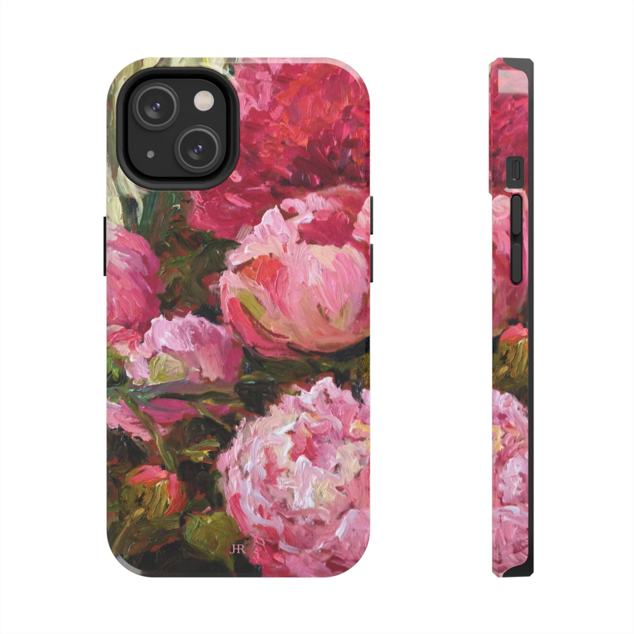 Phone case with pink and red peony floral painting  by Jennifer Hansen Rolli 