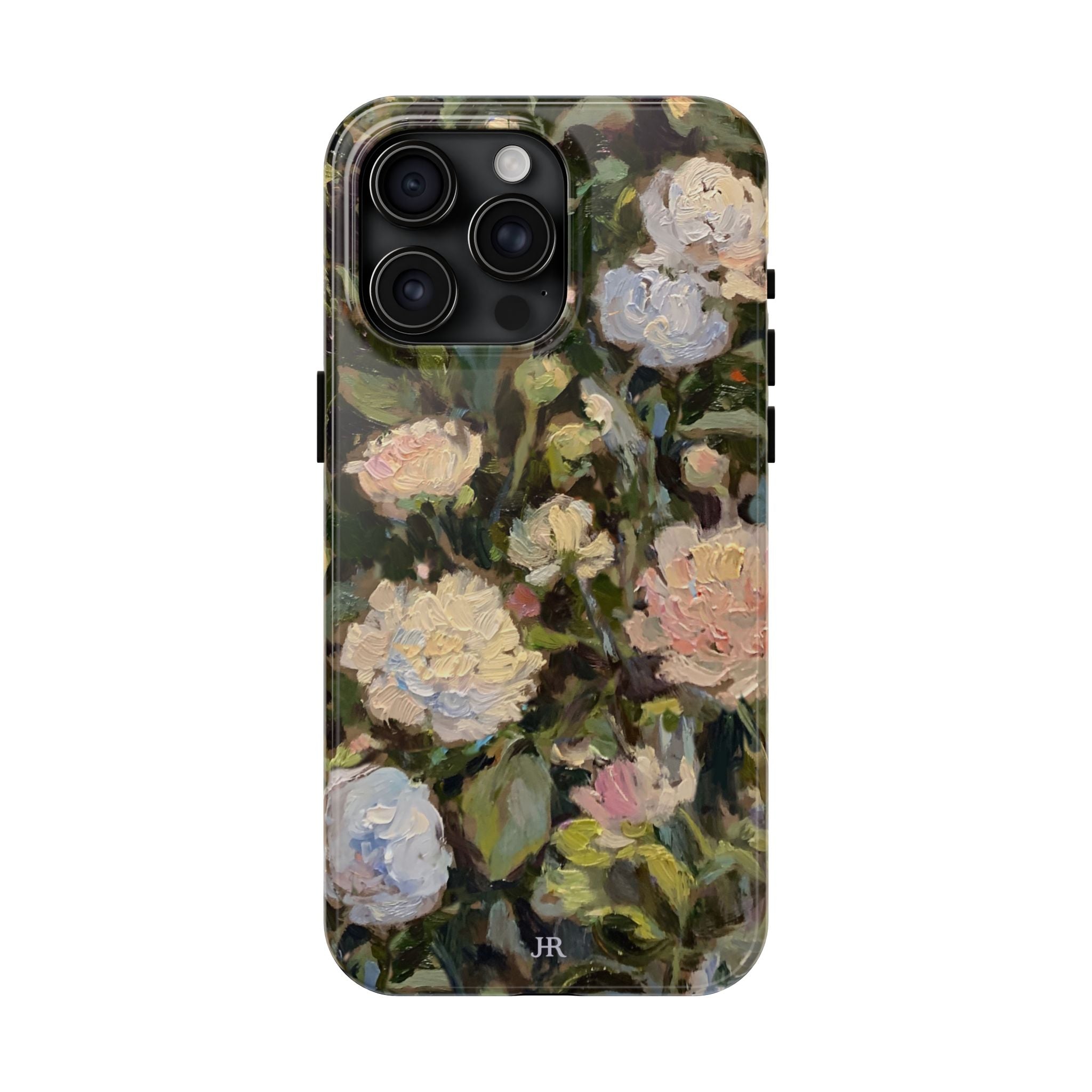 Phone case with Jennifer Hansen Rolli painted peonies on a garden  background