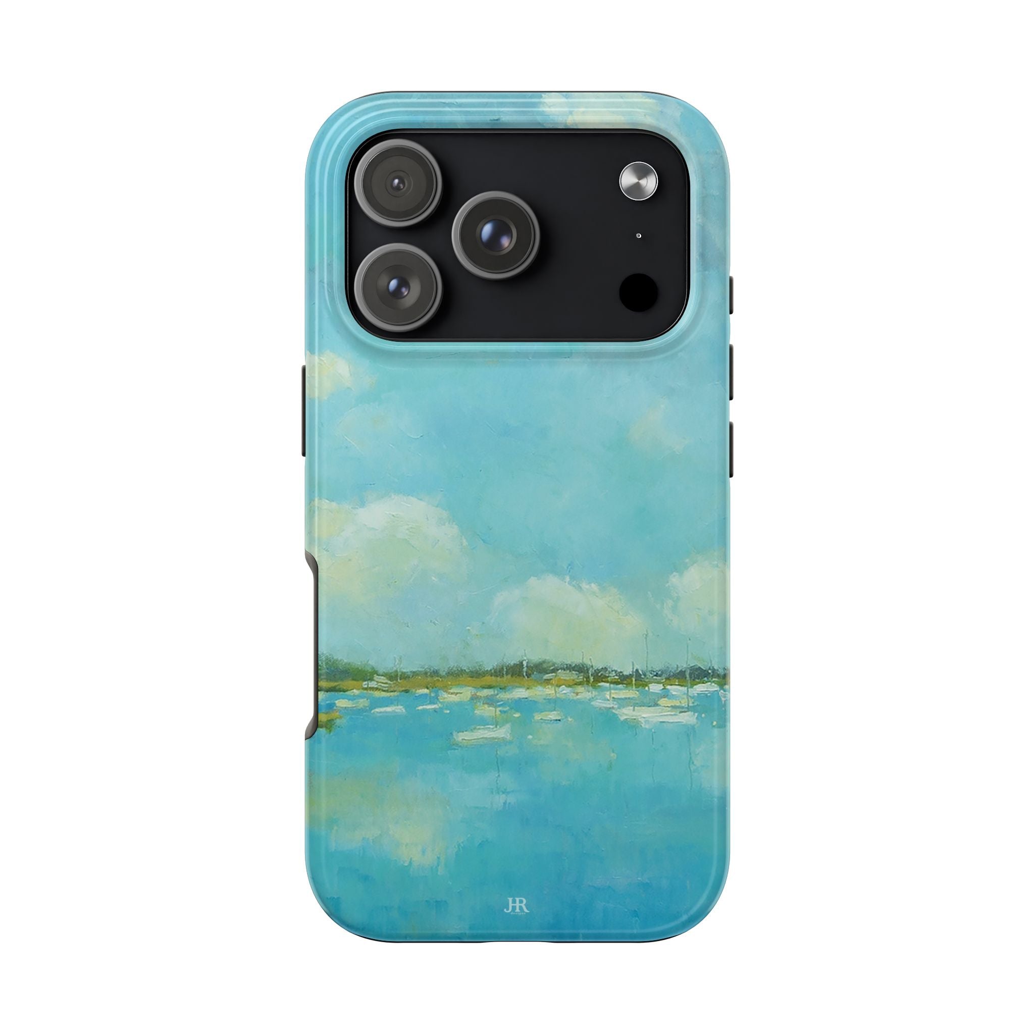 Phone case with painting by Jennifer Hansen Rolli of beachy coastal  blue water and sky with boats