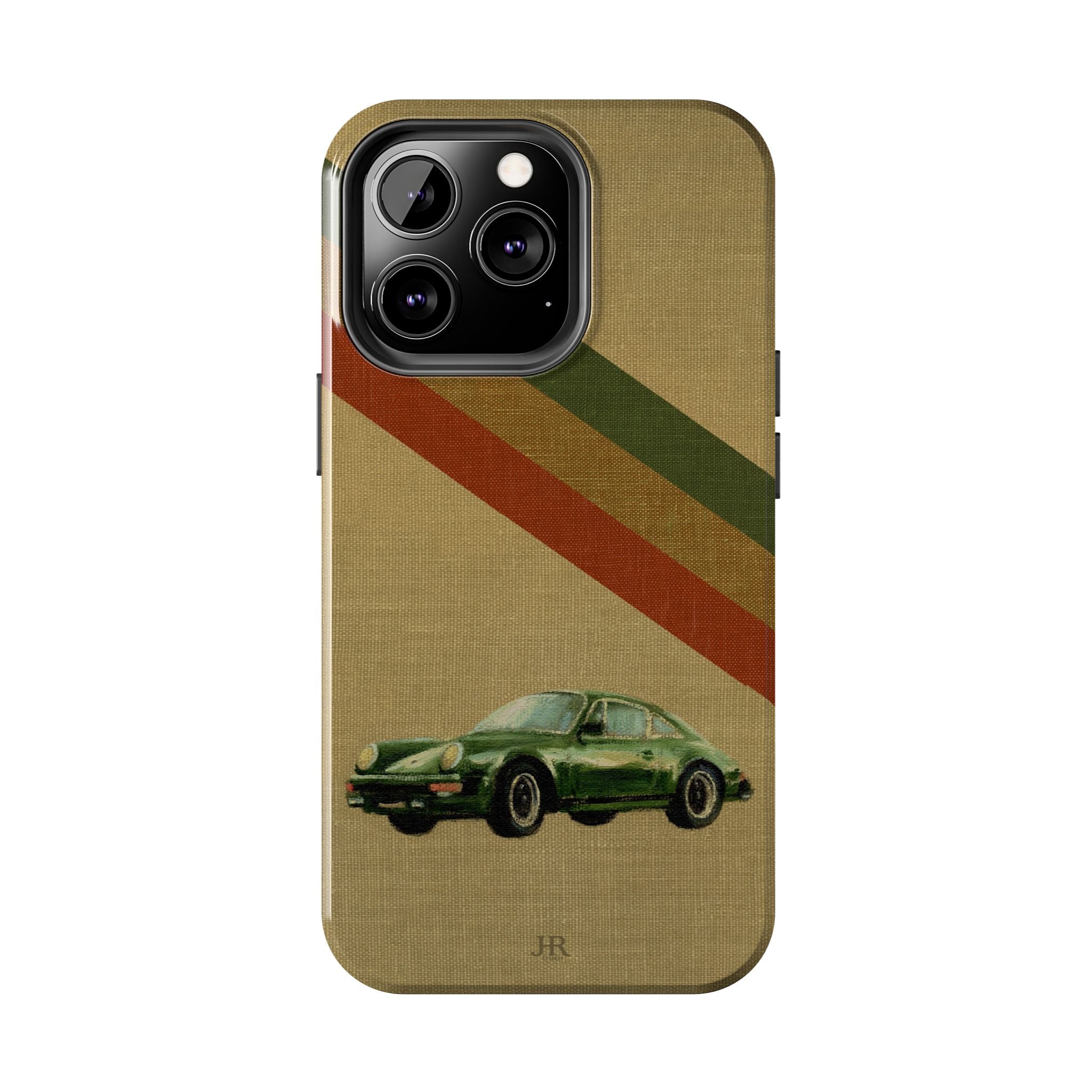 Phone case with a Porsche green car illustration on a beige linen background