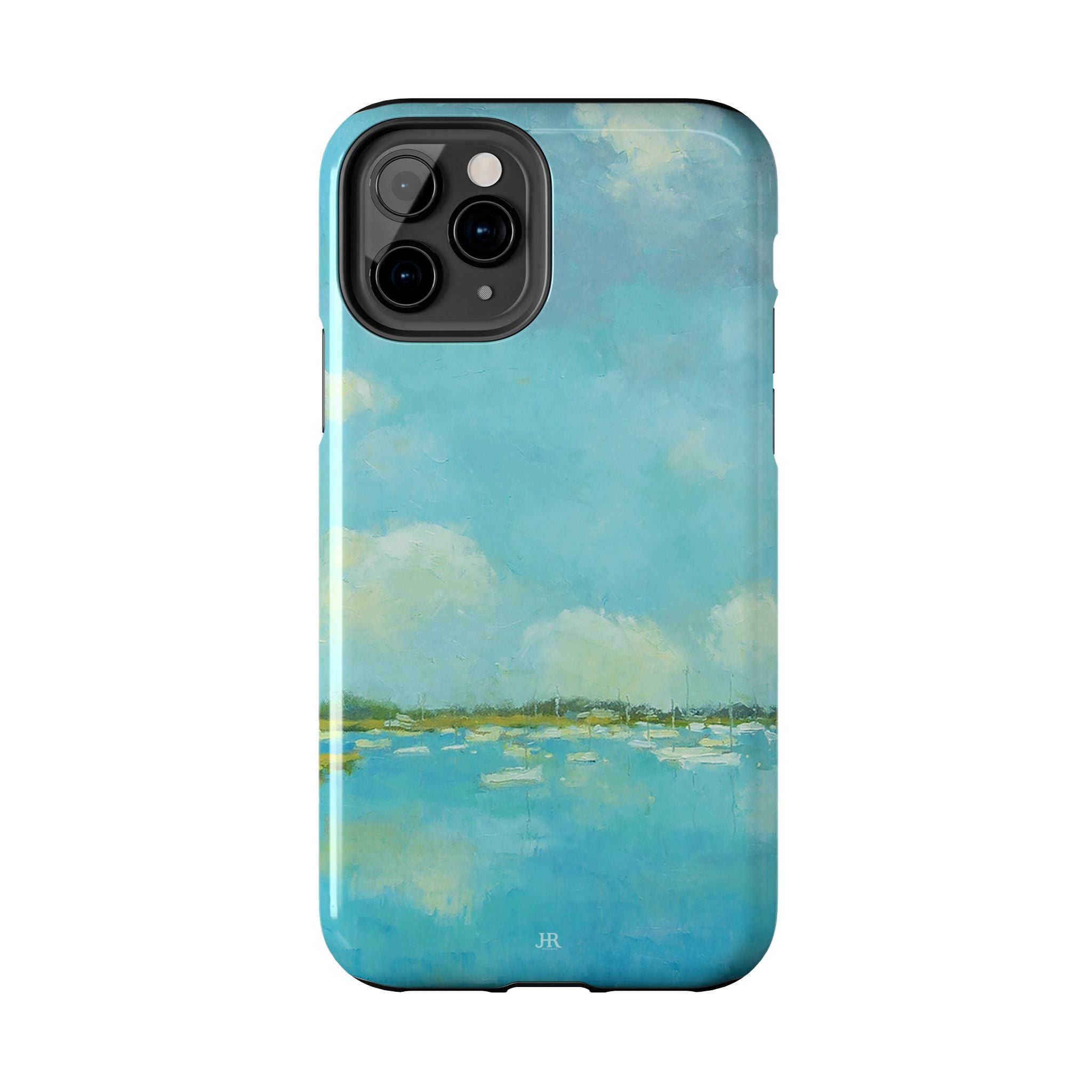 Phone case with painting by Jennifer Hansen Rolli of coastal blue water and sky with boats