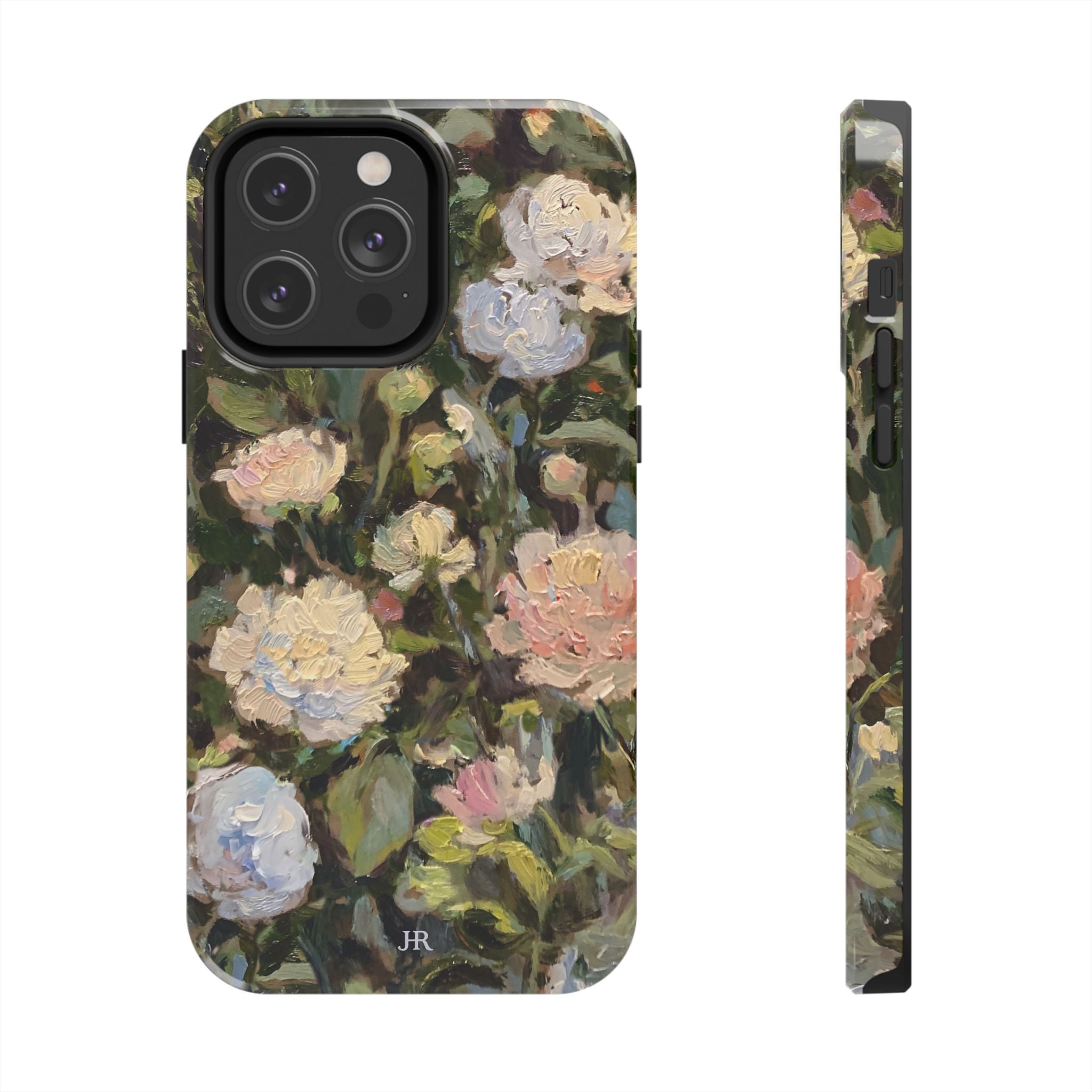 Phone case with Jennifer Hansen Rolli painted peonies on a garden  background