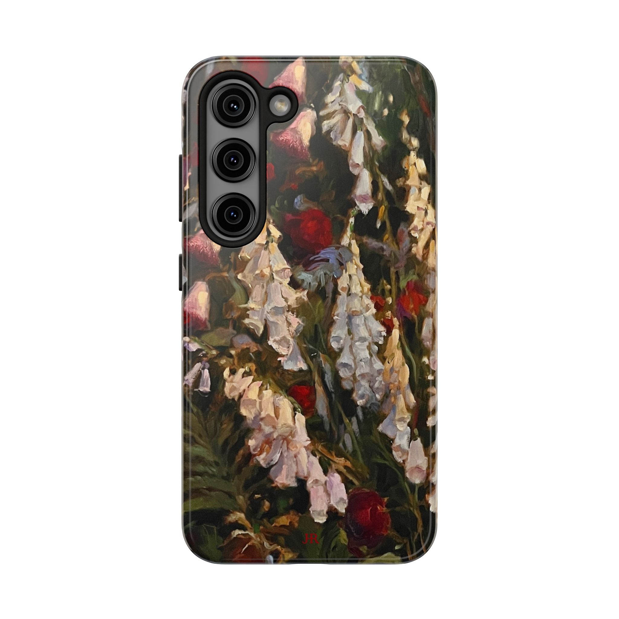 Phone case with painting of foxglove flowers by Jennifer Hansen Rolli
