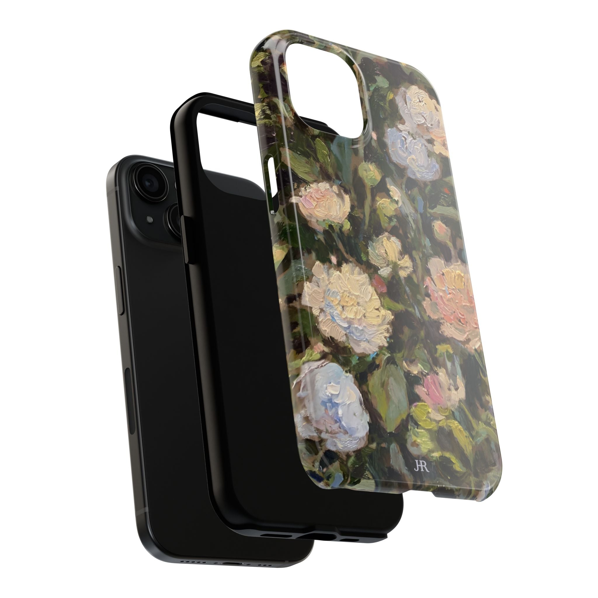 Phone case with Jennifer Hansen Rolli painted peonies on a garden  background