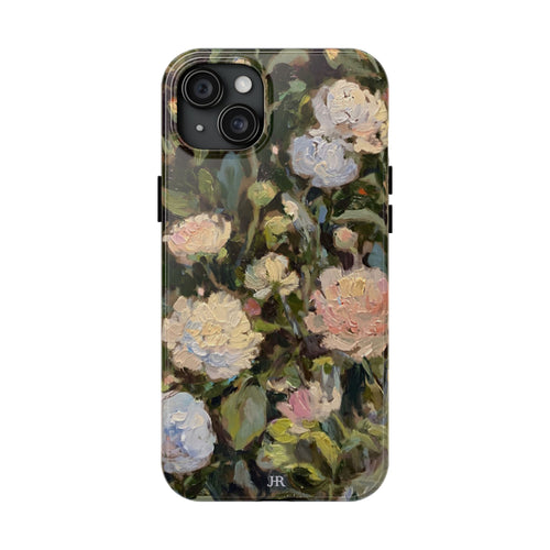 Phone case with Jennifer Hansen Rolli painted peonies on a garden  background