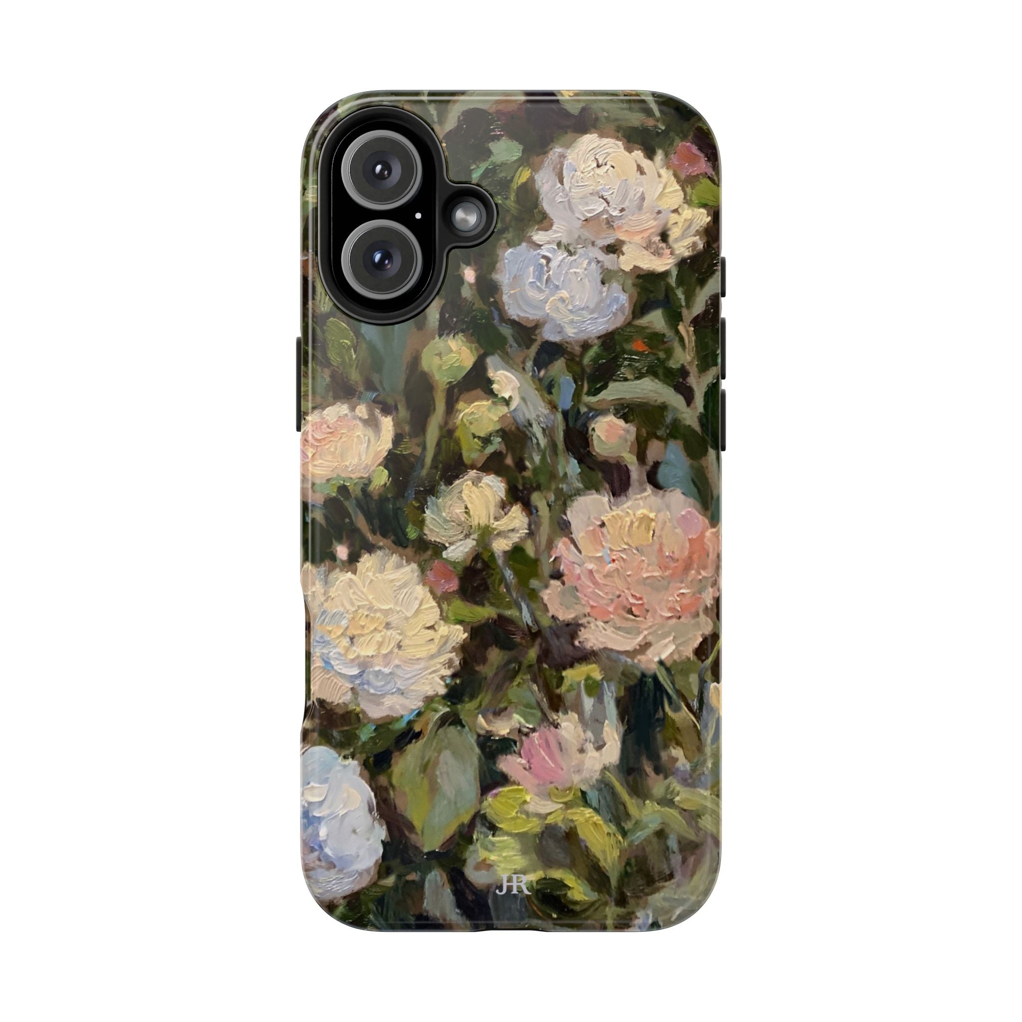 Phone case with Jennifer Hansen Rolli painted peonies on a garden  background