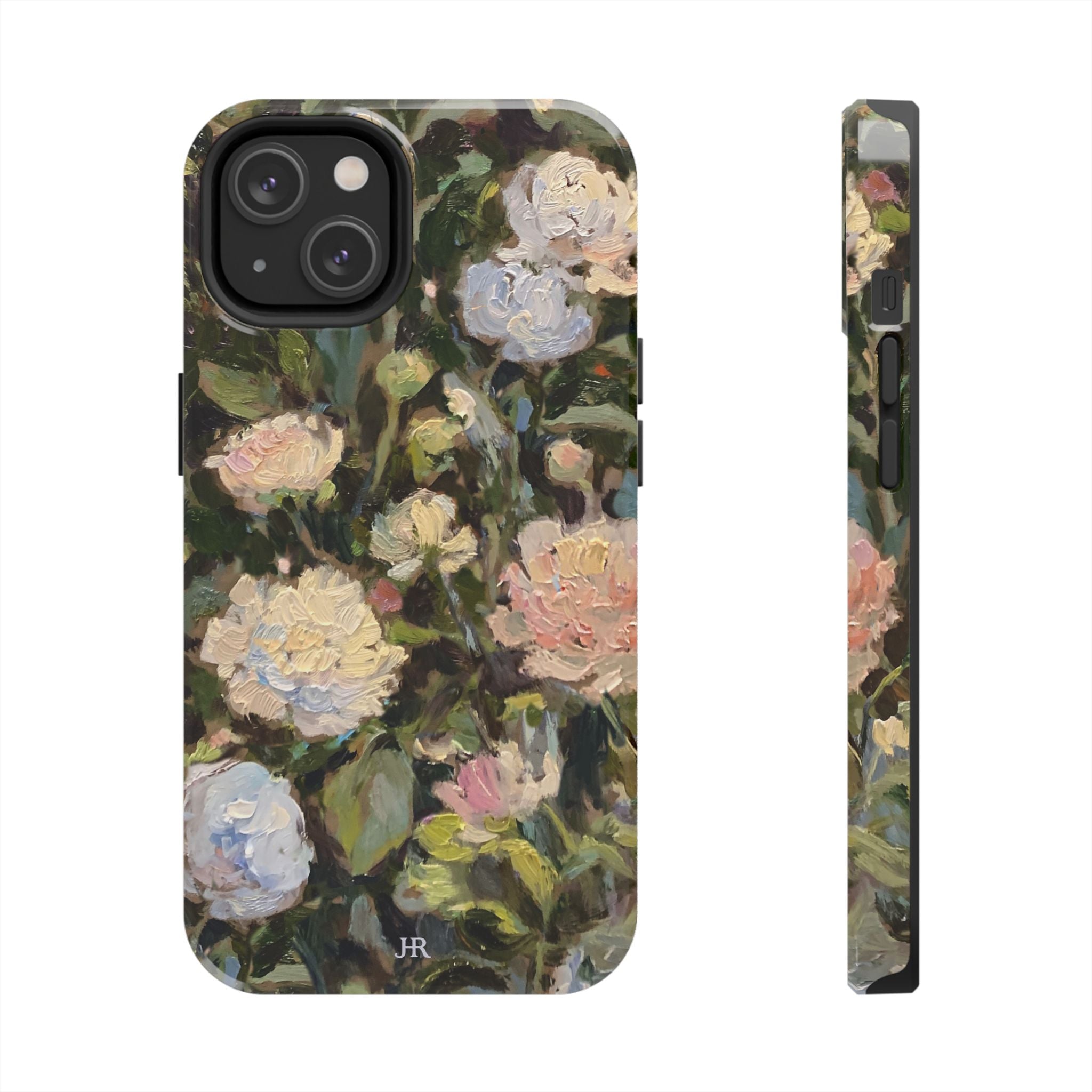 Phone case with Jennifer Hansen Rolli painted peonies on a garden  background