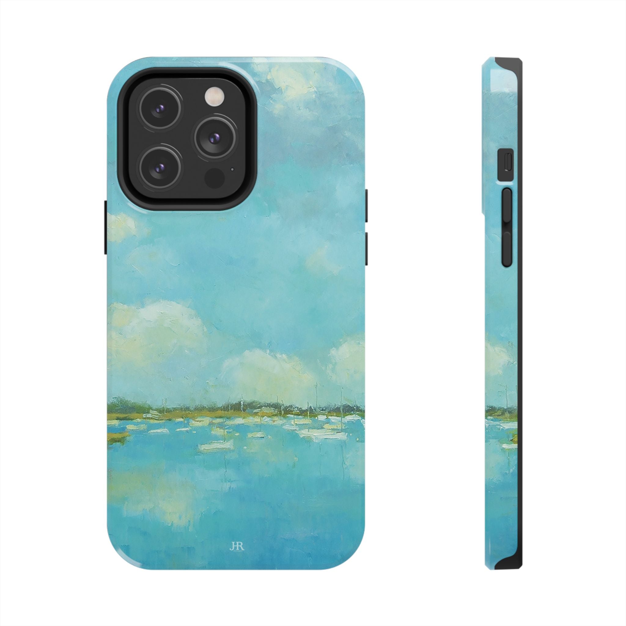 Phone case with painting by Jennifer Hansen Rolli of coastal blue water and sky with boats