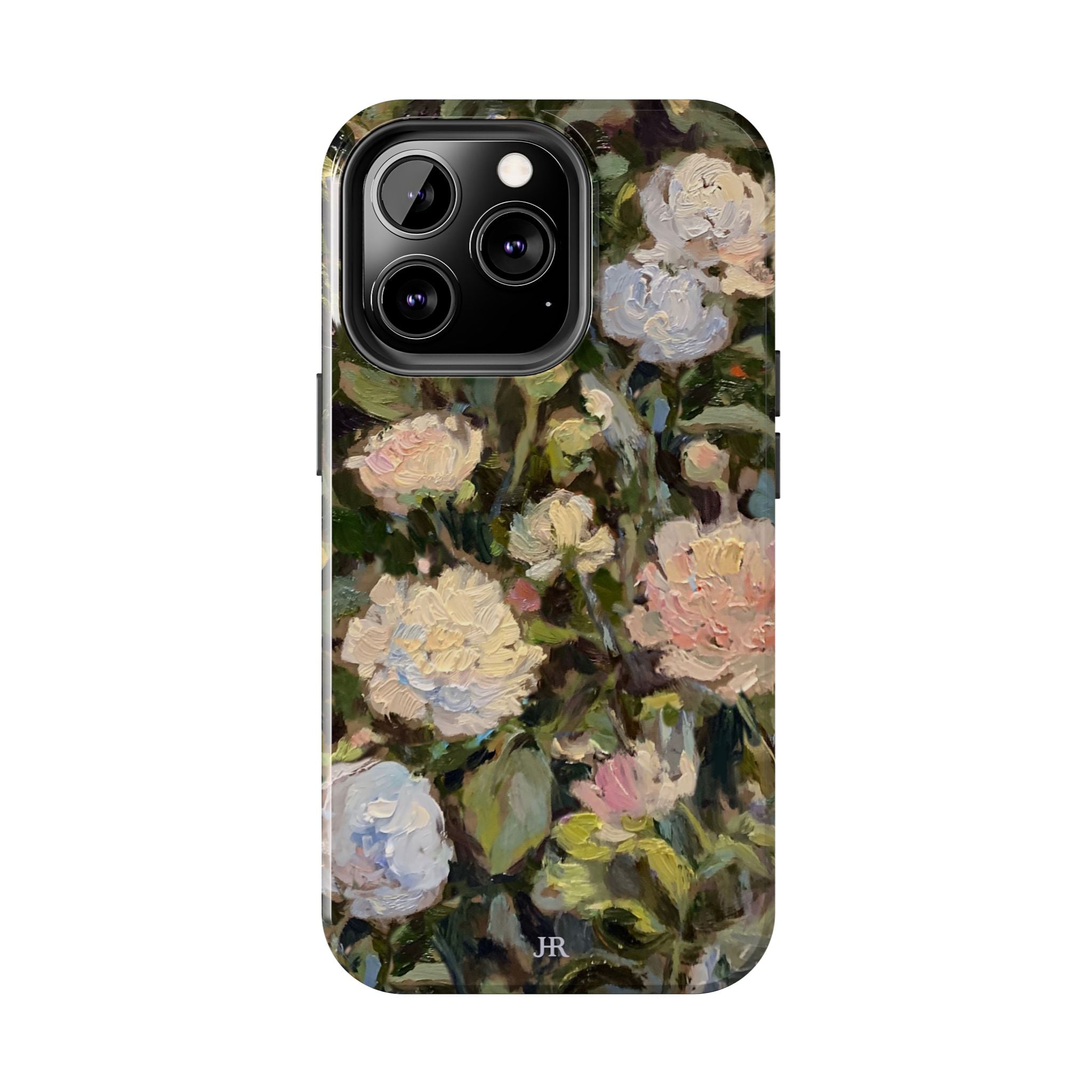 Phone case with Jennifer Hansen Rolli painted peonies on a garden  background