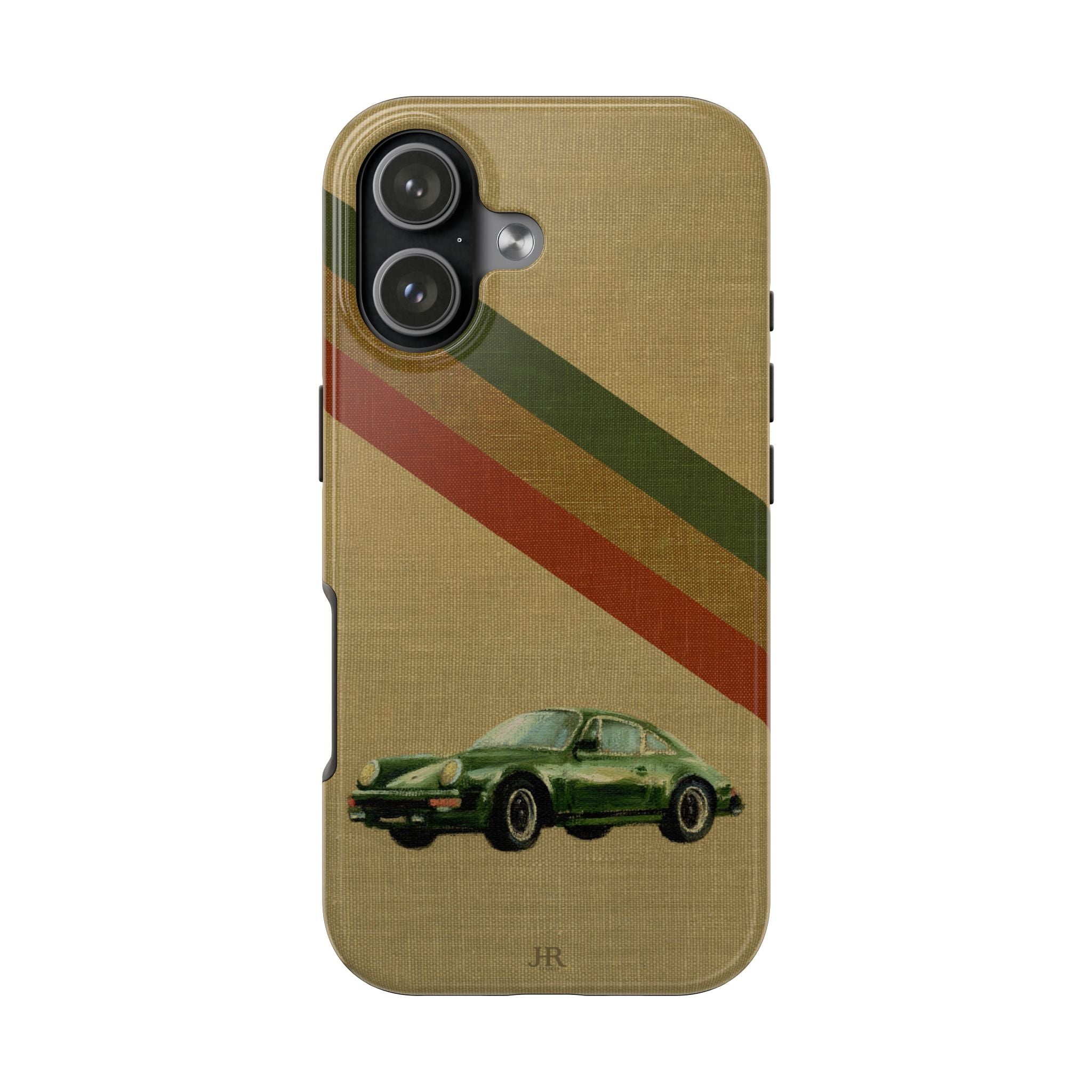 Phone case with a Porsche green car illustration on a beige linen background with racer stripes