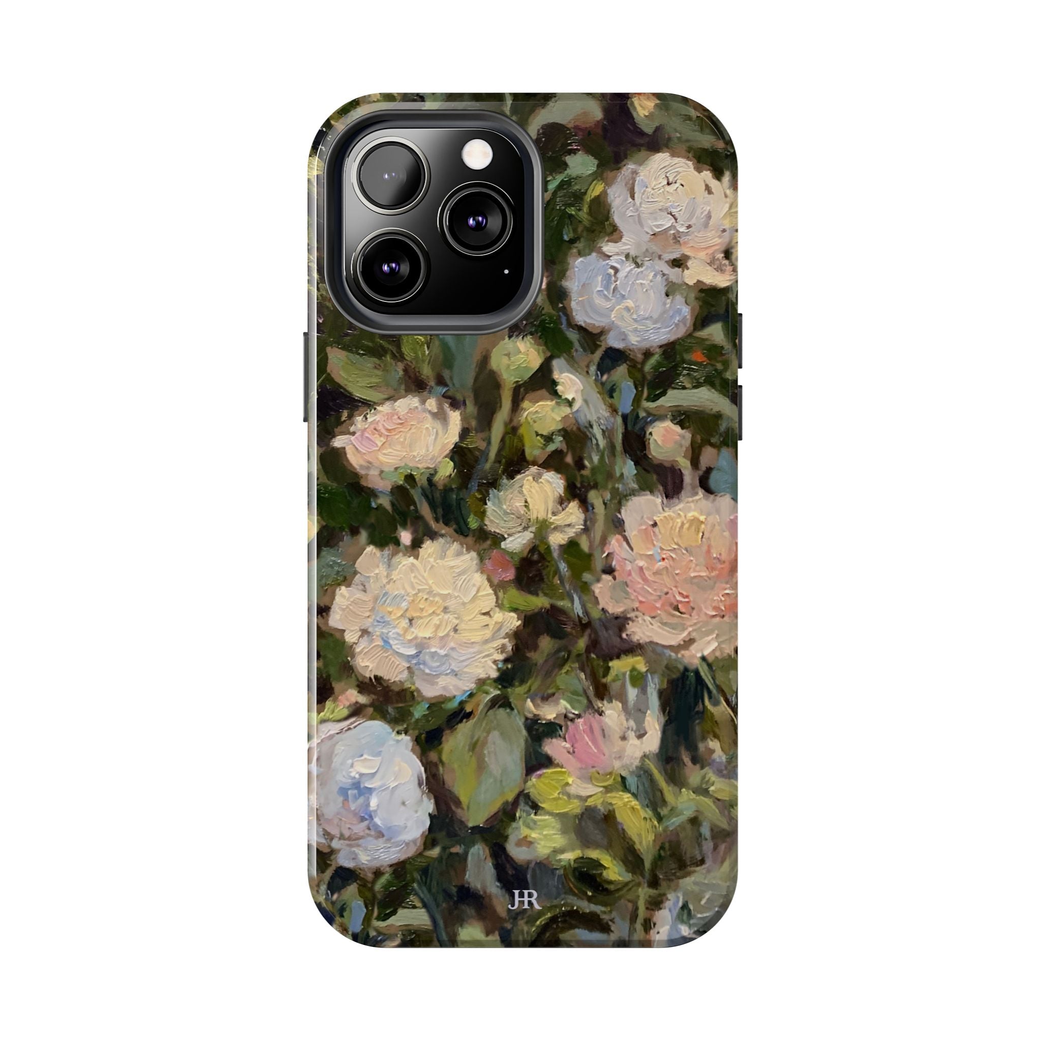 Phone case with Jennifer Hansen Rolli painted peonies on a garden  background