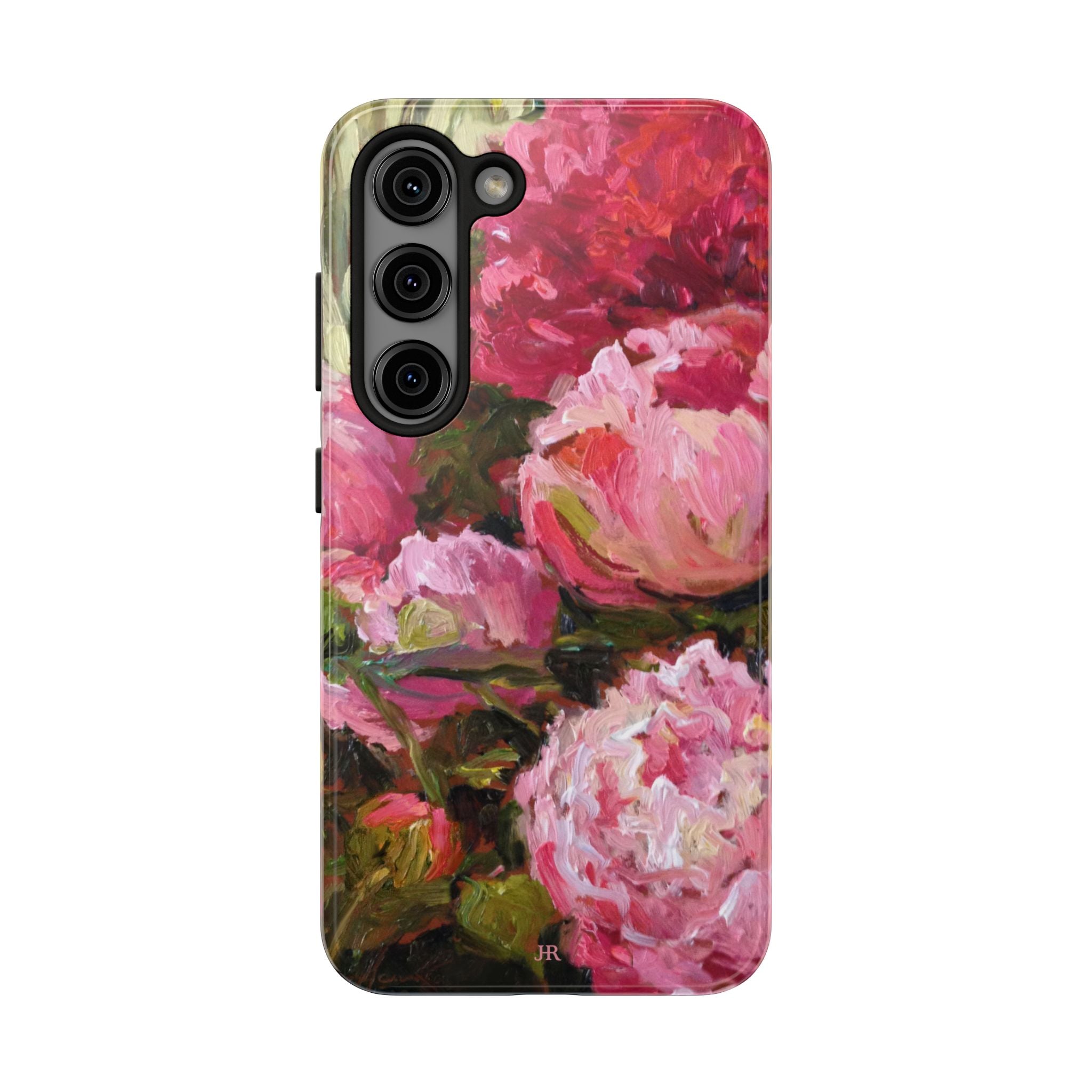 Phone case with pink and red peony floral painting  by Jennifer Hansen Rolli 