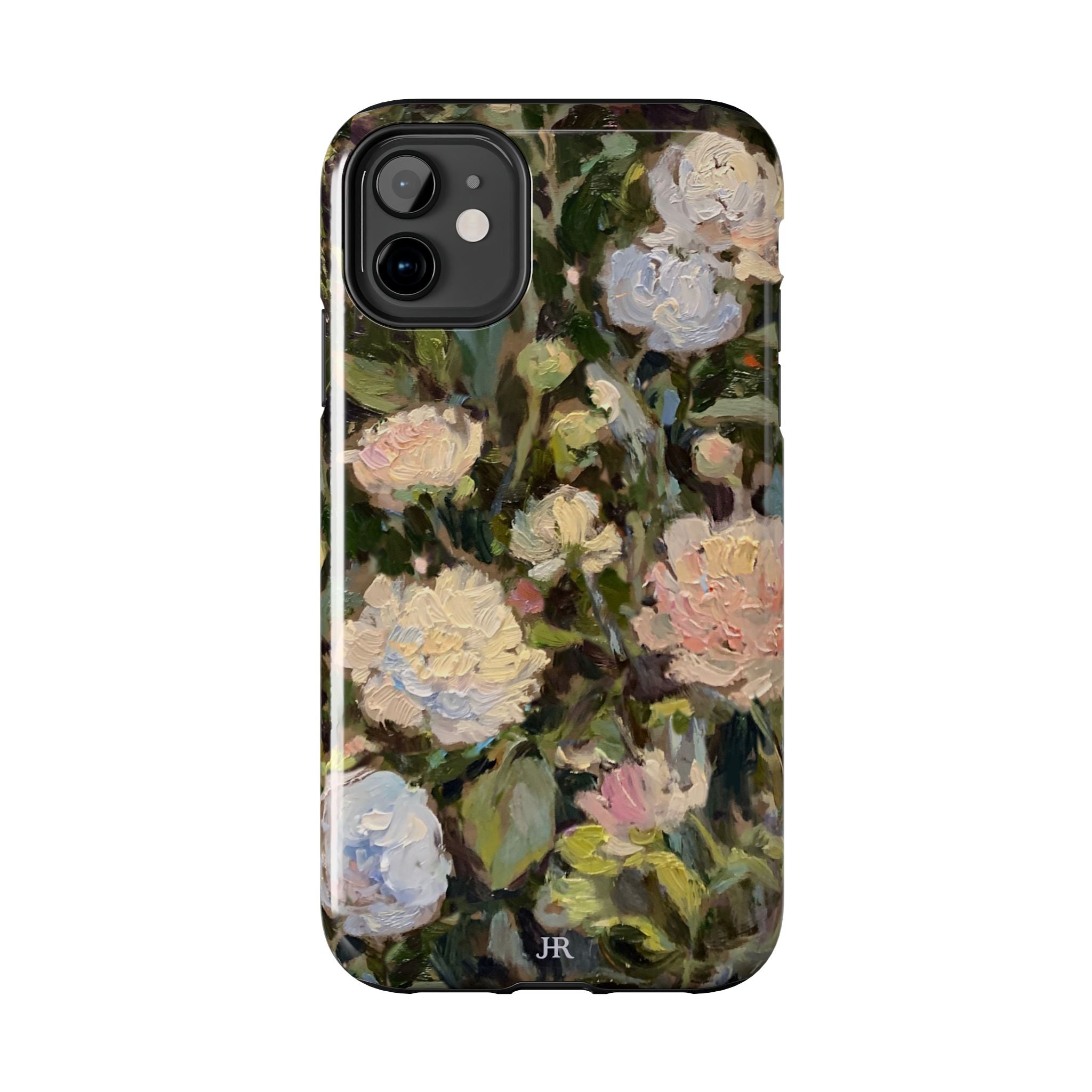Phone case with Jennifer Hansen Rolli painted peonies on a garden  background