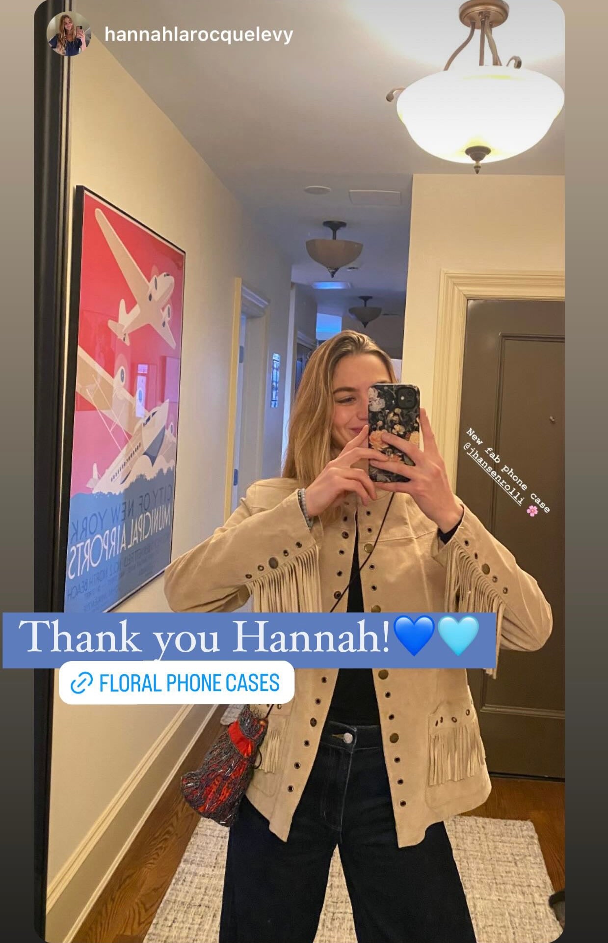 Person taking a mirror selfie  with Coll phone case wearing a beige jacket with text overlay and branding.