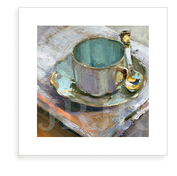 A Favorite oil painting art print featuring a mug and saucer. By artist Jennifer Hansen Rolli.