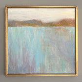 Across The Water square framed oil painting featuring an abstract body of water with mountains in the distance. By artist Jennifer Hansen Rolli.