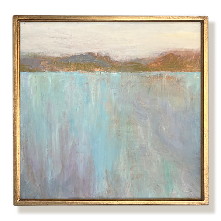 Across The Water gold framed square oil painting featuring an abstract body of water with mountains in the distance. By artist Jennifer Hansen Rolli.