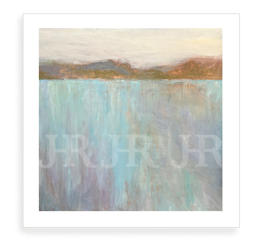 Across The Water square oil painting print featuring an abstract body of water with mountains in the distance. By artist Jennifer Hansen Rolli.