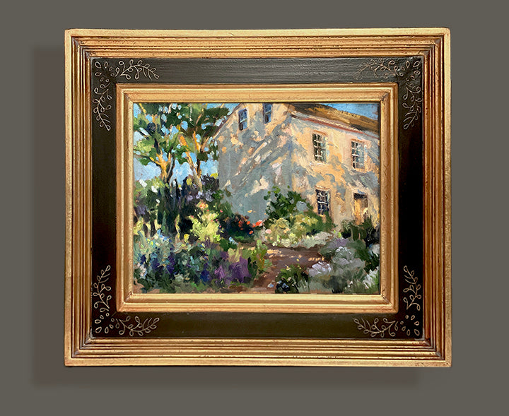 After Garden gold framed oil painting print featuring a colorful summer garden scene. By artist Jennifer Hansen Rolli.