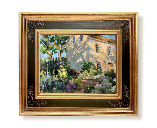 After Garden oil painting featuring a colorful summer garden scene with a house behind. By artist Jennifer Hansen Rolli.