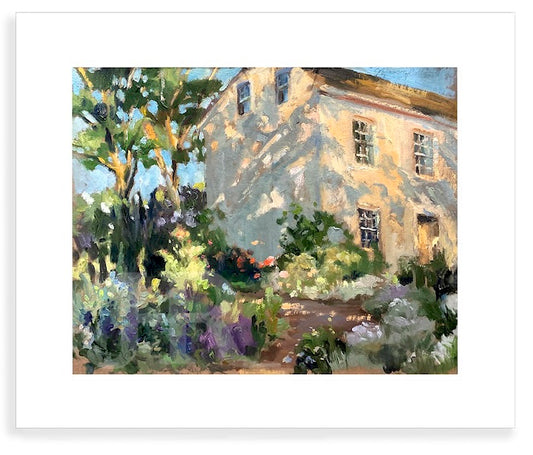 After Garden oil painting print featuring a colorful summer garden scene. By artist Jennifer Hansen Rolli.