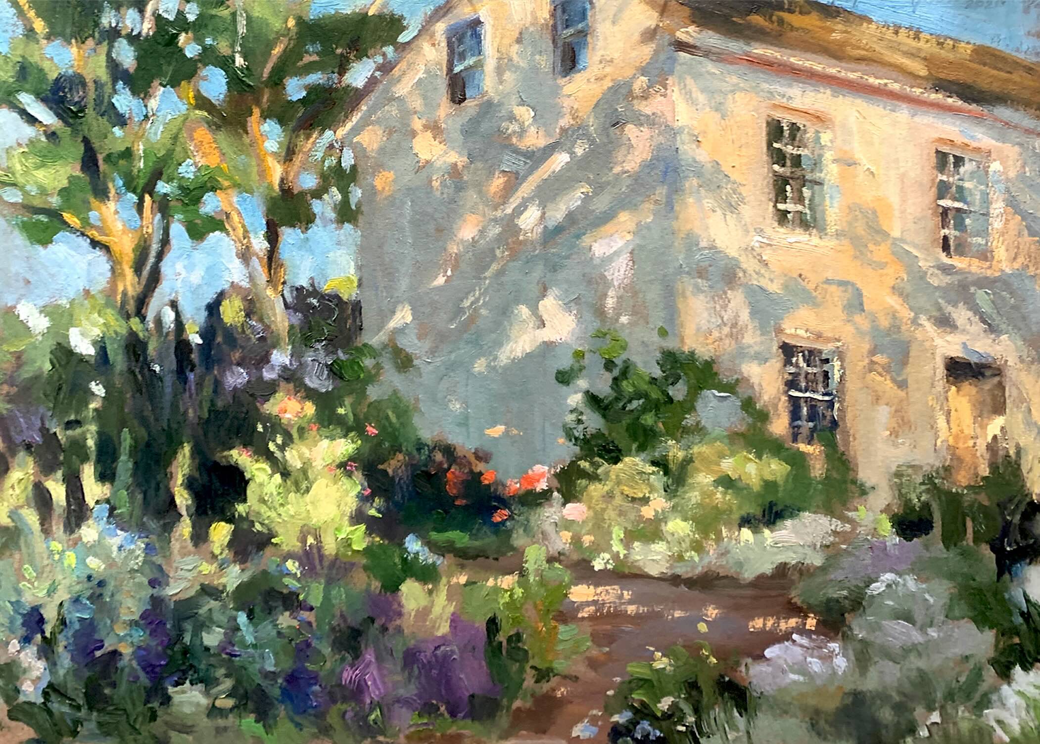 Impressionistic oil painting of a sunlit stone house surrounded by lush green garden foliage and purple flowers, with visible brushstrokes and a soft, painterly light treatment.