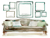 A watercolor painting showcasing various frame sizes and scale along a living room wall.