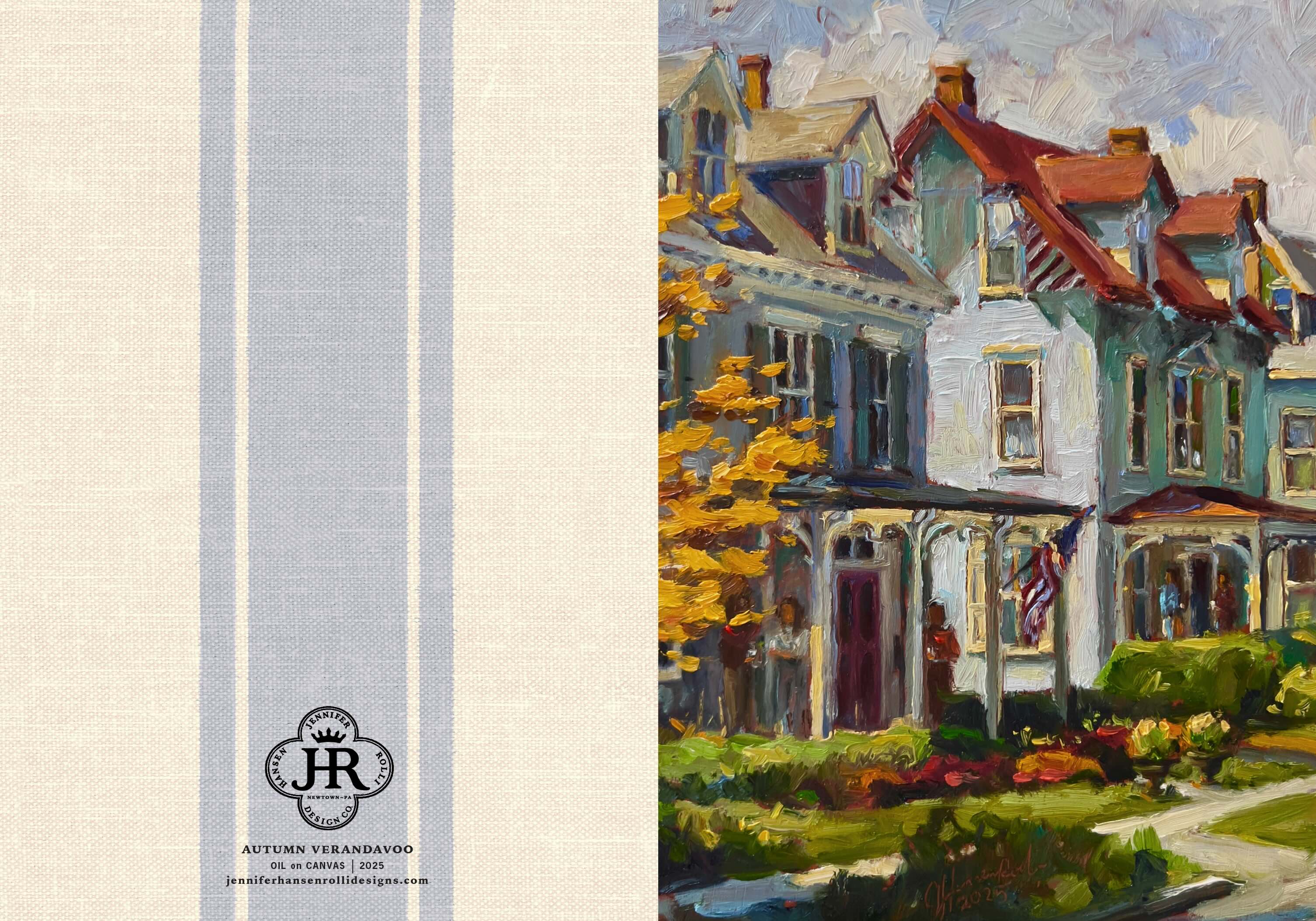 A split design featuring a textured cream and light blue stripe pattern on the left with a black monogram logo and text, and a painted scene of Victorian-style houses with autumn foliage on the right.