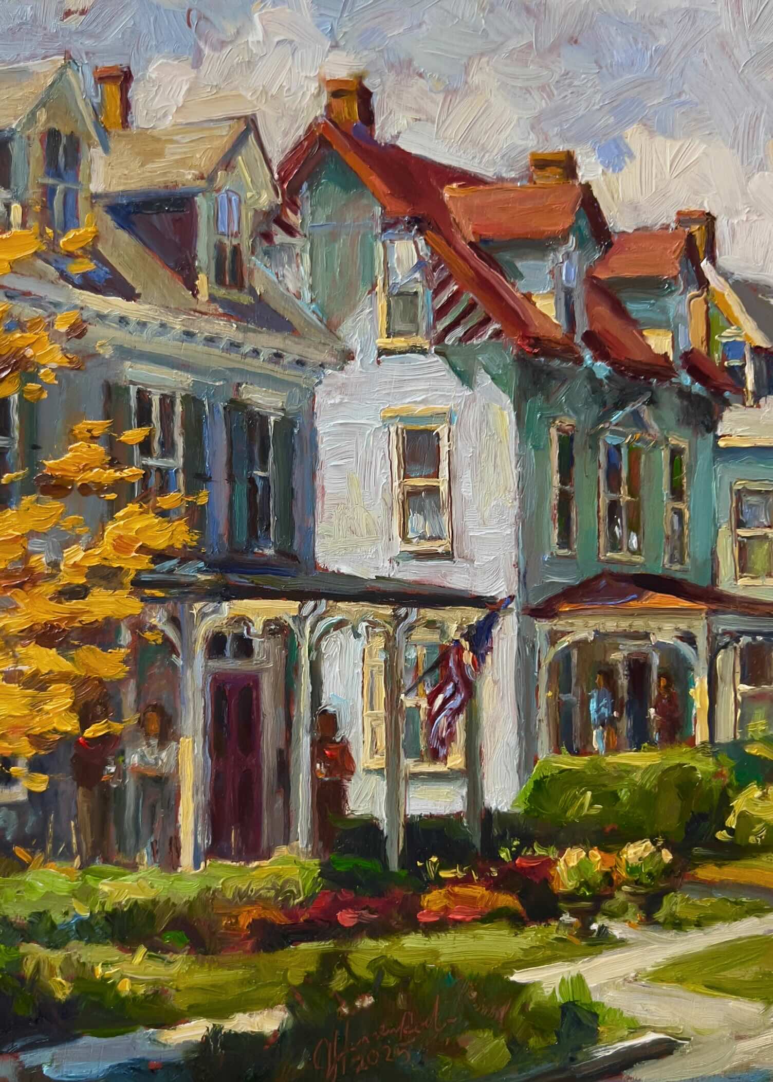 An impressionistic oil painting of a row of historic houses with red roofs, green lawns, yellow autumn foliage, and an American flag, rendered in textured brushstrokes.