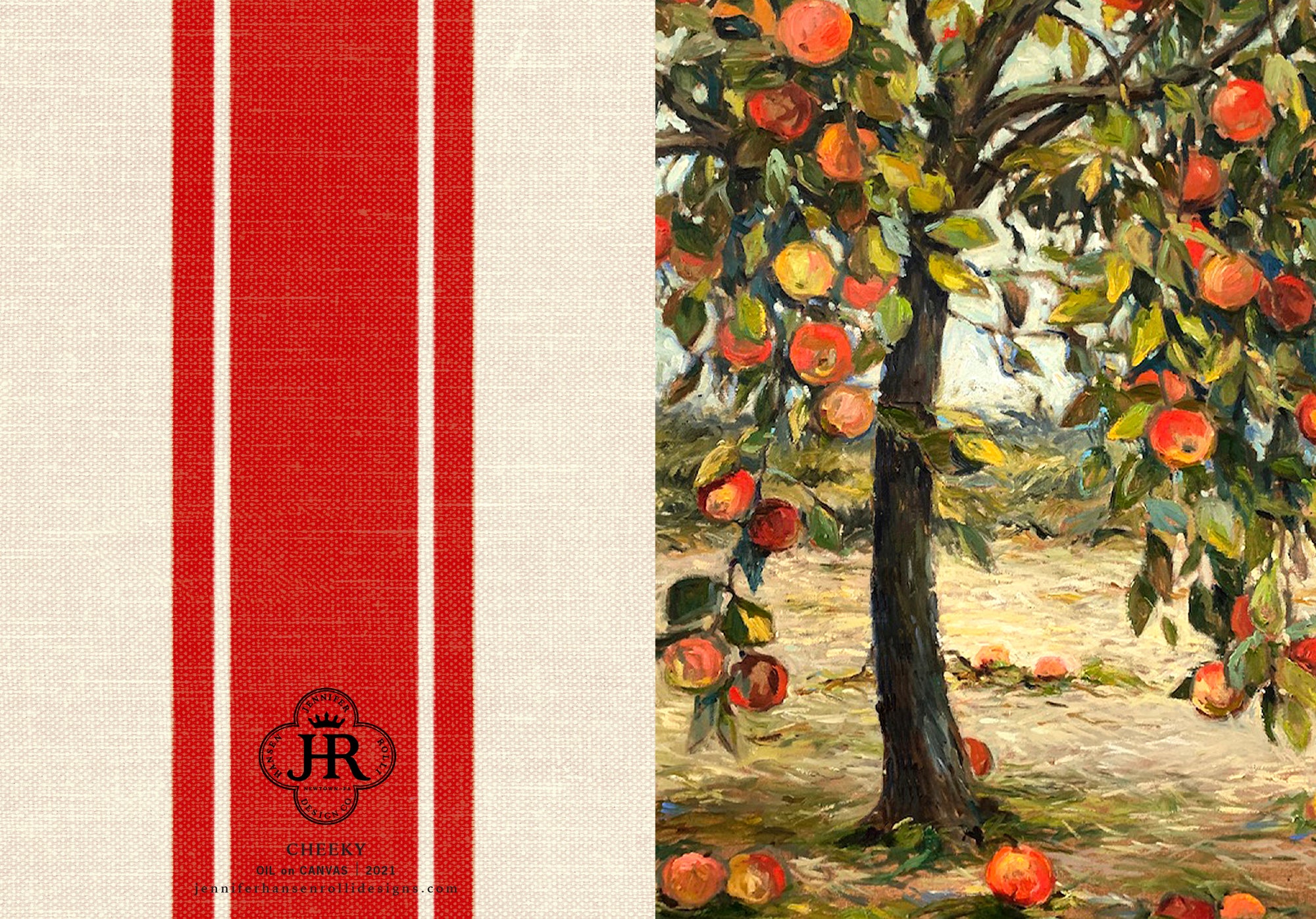 Decorative kitchen towel with an apple tree design and red and white stripes on the left side.
