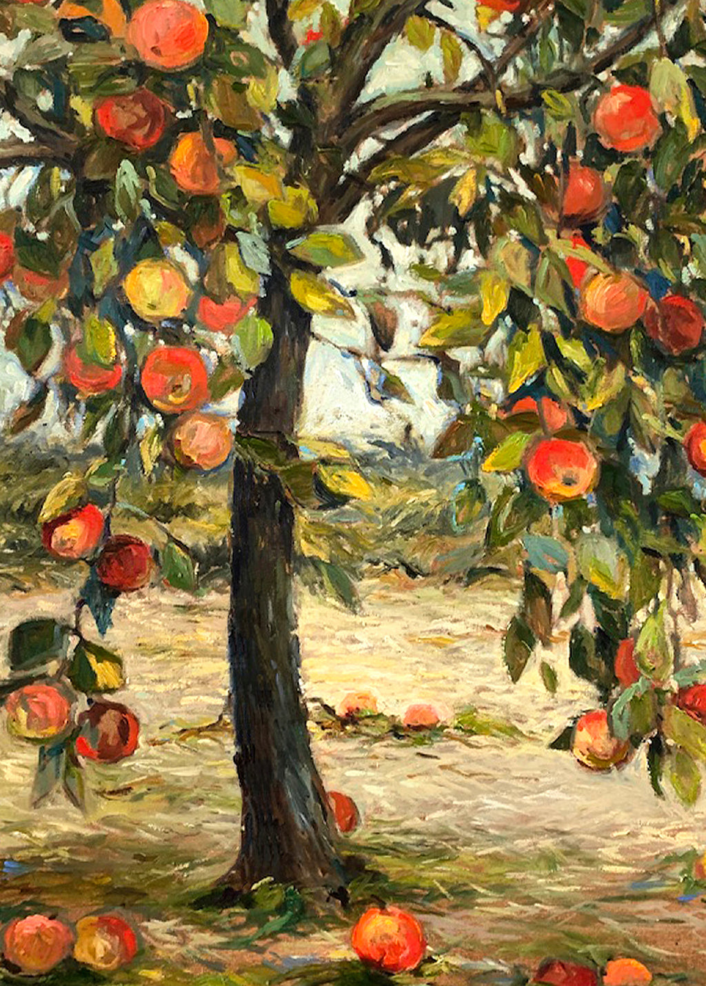 Painting of an apple tree with apples on a landscape