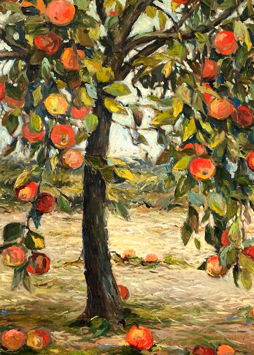 Painting of an apple tree with apples on a landscape