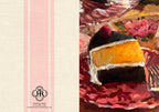 A square art print or card featuring a split design: the left side has a cream linen-textured background with pale pink vertical stripes and a small decorative logo reading Confections at the top, while the right side shows an expressive painted still life of a slice of cake on a red plate with flowers.