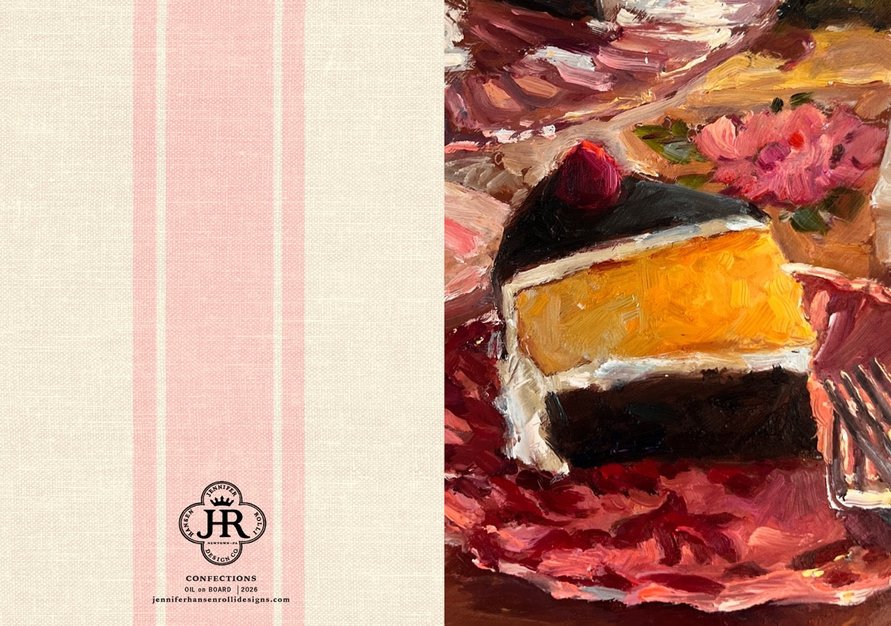 A square art print or card featuring a split design: the left side has a cream linen-textured background with pale pink vertical stripes and a small decorative logo reading Confections at the top, while the right side shows an expressive painted still life of a slice of cake on a red plate with flowers.