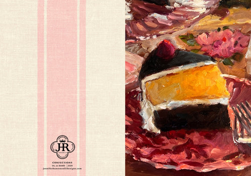 A square art print or card featuring a split design: the left side has a cream linen-textured background with pale pink vertical stripes and a small decorative logo reading Confections at the top, while the right side shows an expressive painted still life of a slice of cake on a red plate with flowers.