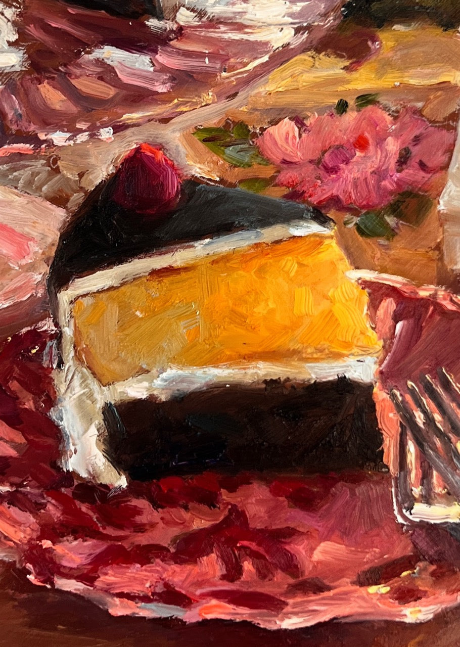 Impressionistic oil painting of a slice of cake on a plate with pink flowers in the background.