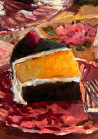 Impressionistic oil painting of a slice of cake on a plate with pink flowers in the background.