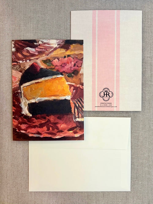 A stationery set laid flat on a textured neutral background, featuring a rectangular card with an abstract food painting, a white envelope, and a white card with pink vertical stripes and a small circular logo.