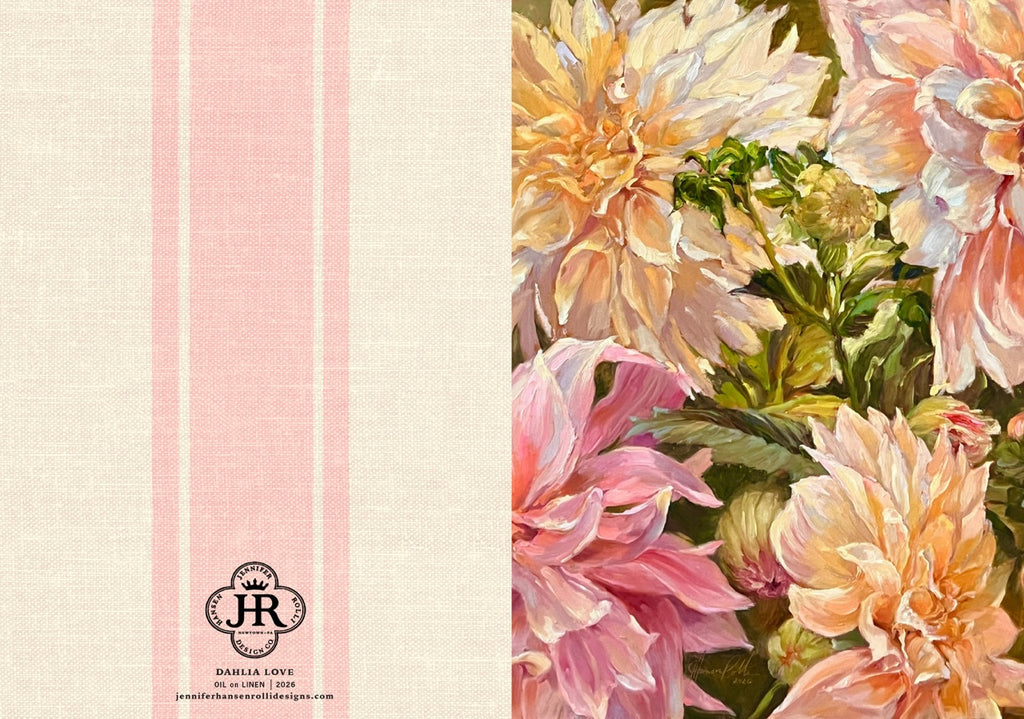 A split design featuring a textured cream and pale pink striped panel on the left with a small black 'JR' monogram and 'MARIA LOVA' text, alongside a large floral print panel on the right showing peach, pink, and cream flowers with green leaves.