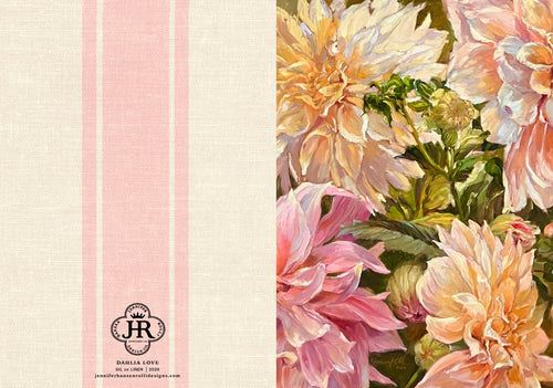 A split design featuring a textured cream and pale pink striped panel on the left with a small black 'JR' monogram and 'MARIA LOVA' text, alongside a large floral print panel on the right showing peach, pink, and cream flowers with green leaves.