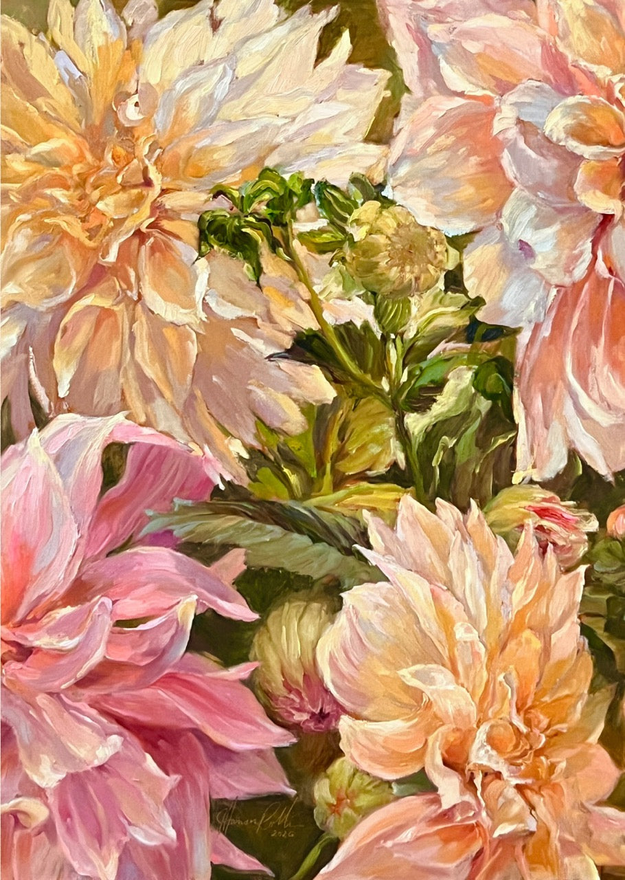 A close-up floral painting showing large dahlia-like blossoms in soft peach, pink, cream, and green with visible brushstrokes.