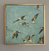 Flight No. 4 framed oil painting featuring seagulls in flight on a teal green background. By Jennifer Hansen Rolli.