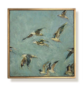 Flight No. 4 gold framed oil painting featuring seagulls in flight on a teal green background. By Jennifer Hansen Rolli.