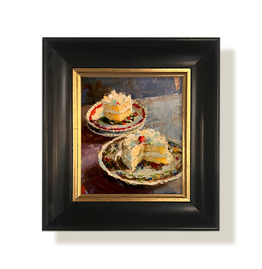 Yellow cake painting in square frame by artist Jennifer Hansen Rolli.